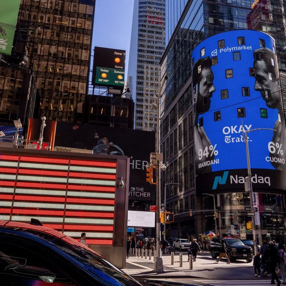 A Polymarket billboard displaying New York City mayoral election odds in Times Square in New York on Nov 4.