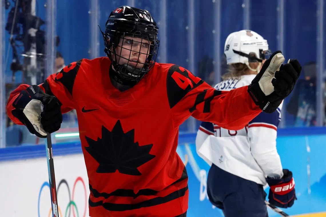 FILE PHOTO: 2022 Beijing Olympics - Ice Hockey - Women's Gold Medal Game - Canada v United States - Wukesong Sports Centre, Beijing, China - February 17, 2022. Claire Thompson of Canada in action. REUTERS/Jonathan Ernst/File Photo