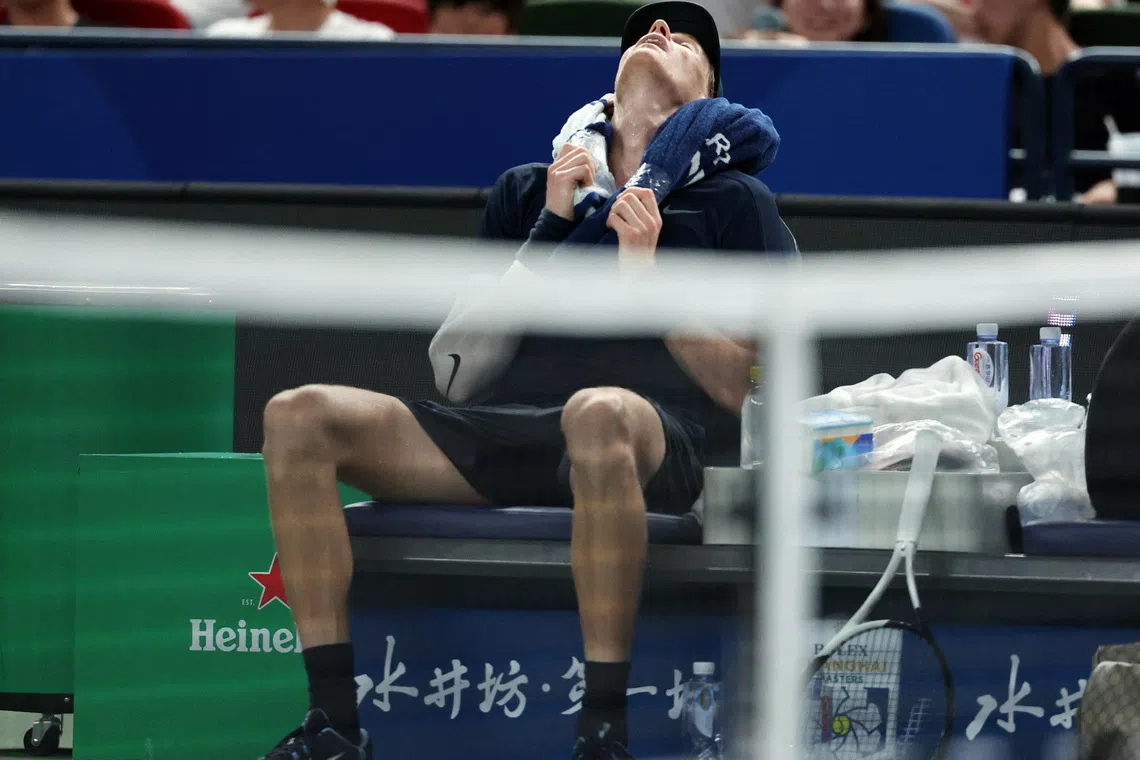 Tennis - ATP Masters 1000 - Shanghai Masters - Qizhong Forest Sports City Arena, Shanghai, China - October 5, 2025 Italy's Jannik Sinner reacts during his round of 32 match against Netherlands' Tallon Griekspoor REUTERS/Go Nakamura