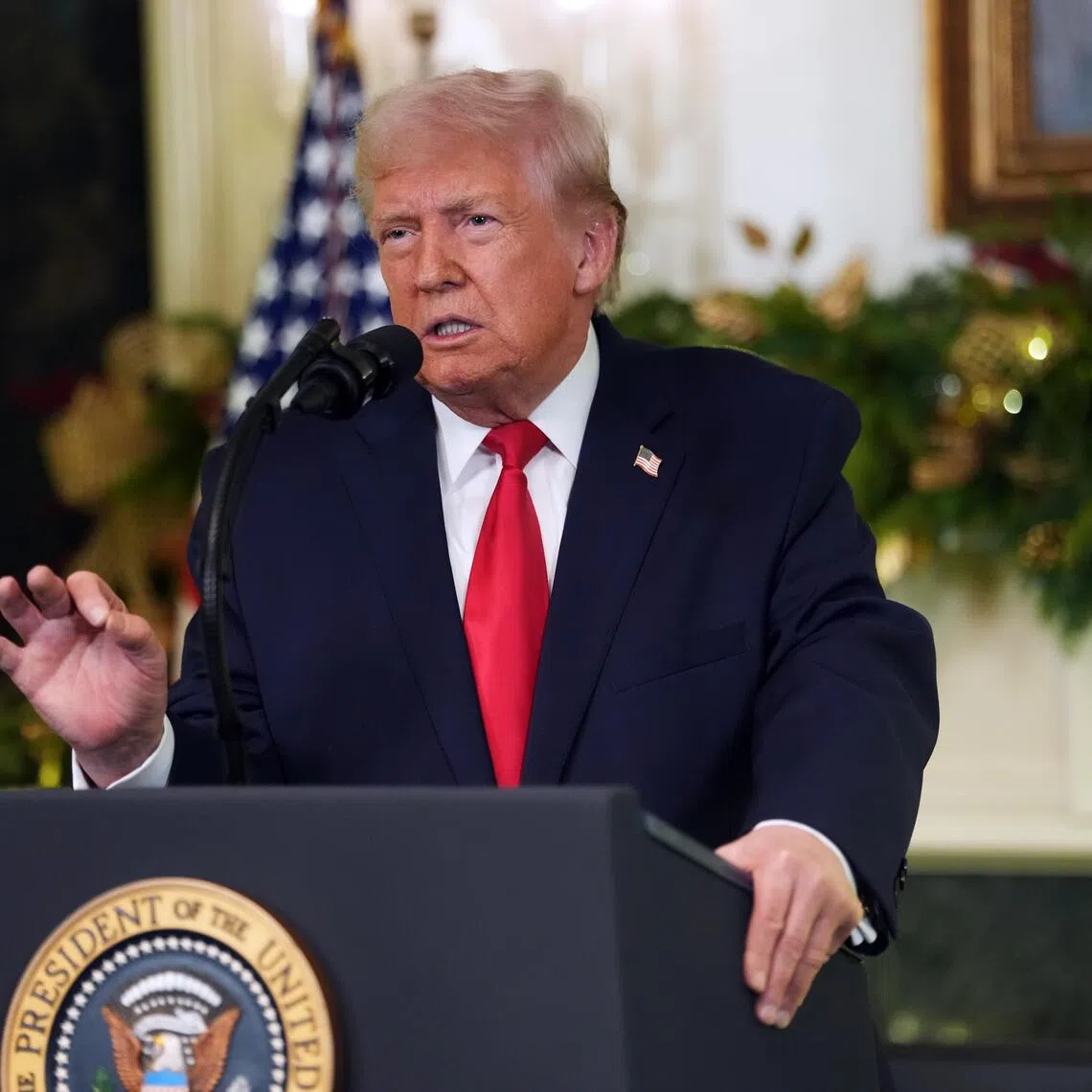 US President Donald Trump chose to give the address from the Diplomatic Reception Room at the White House, rather than the Oval Office.