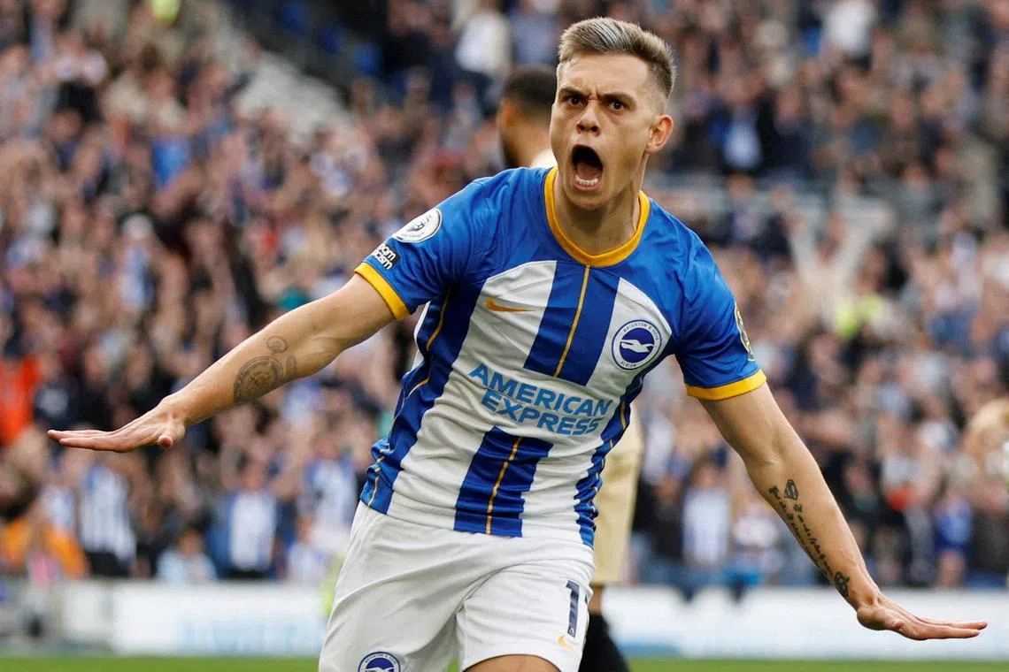 Former Brighton & Hove Albion attacker Leandro Trossard celebrating after scoring a goal. He has joined English Premier League leaders Arsenal following a row with former manager Roberto de Zerbi.