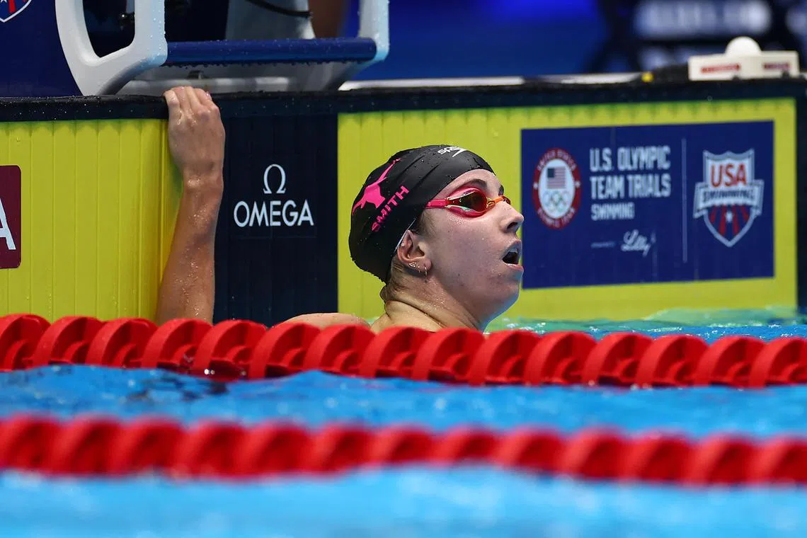 Regan Smith looking on after the women's 200m butterfly final on Day Six of the 2024 United States Olympic Team Swimming Trials at Lucas Oil Stadium on June 20 in Indianapolis, Indiana.