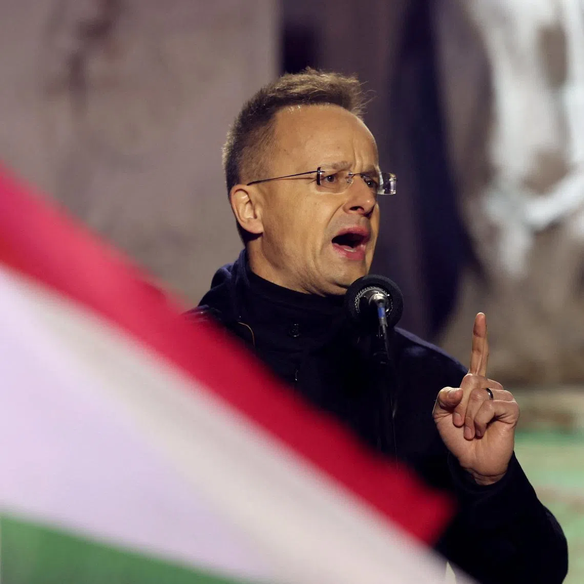 FILE PHOTO: Hungarian Foreign Minister Peter Szijjarto speaks during an election campaign rally in Gyor, Hungary, March 27, 2026. REUTERS/Bernadett Szabo/File Photo