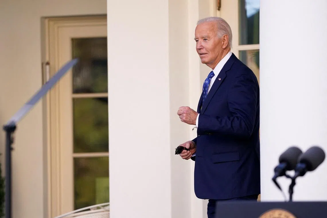 FILE PHOTO: U.S. President Joe Biden leaves after delivering remarks from the Rose Garden of the White House in Washington, U.S., November 26, 2024. REUTERS/Nathan Howard/File Photo