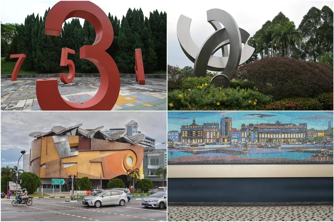 (Clockwise from top left): Red Numbers (1999) and Anthony Poon's Joyluck (2000) at the Singapore Turf Club, Skyline Of Singapore (1964) by William P. Mundy at the walls of the former Paya Lebar Airport, and the now-demolished Texturefulness Of Life (2000) at Marine Parade Community Building.
