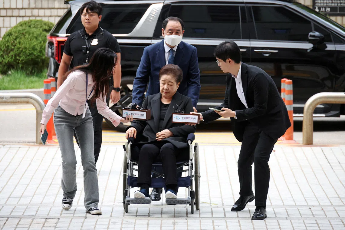 FILE PHOTO: Han Hak-ja, the leader of the Unification Church, arrives at a court to attend a hearing to review her arrest warrant requested by special prosecutors in Seoul, South Korea, September 22, 2025.   REUTERS/Kim Hong-Ji/File Photo