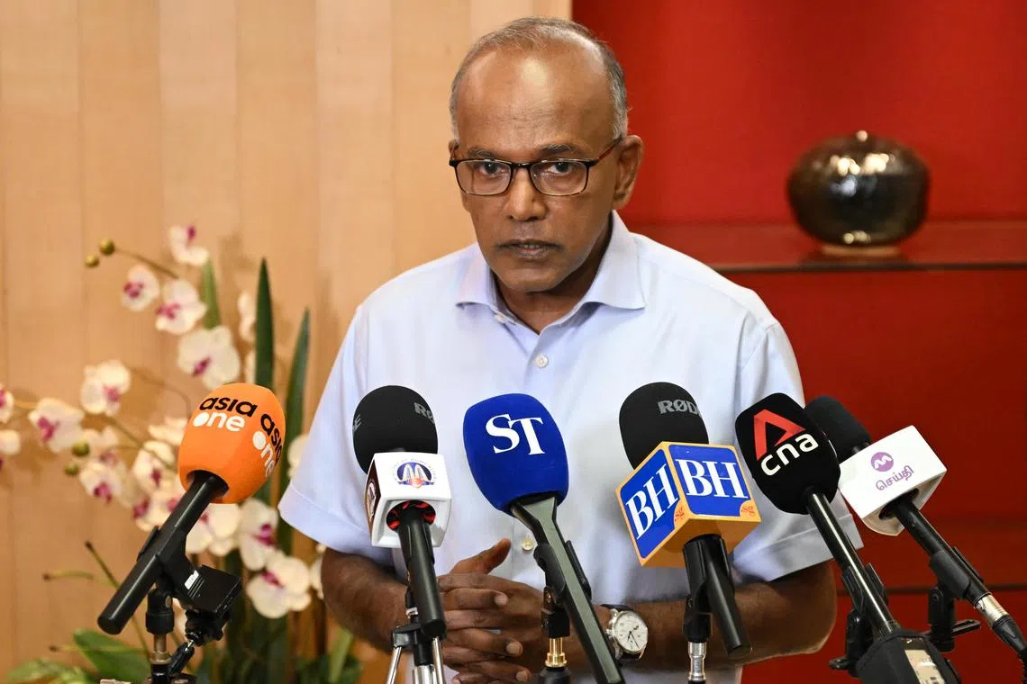 ST20240325_202426386575/dsshan25/Shintaro Tay/David Sun/

Embargo lifts at 1.30pm -

Minister for Home Affairs and Law K. Shanmugam delivering a doorstop at the Ministry of Law, The Treasury about the Israel-Hamas conduct on March 25, 2024.