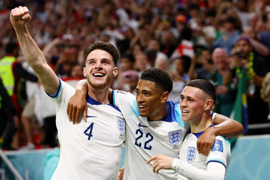 Declan Rice (left) with his England teammates Jude Bellingham (centre) and Phil Foden. 