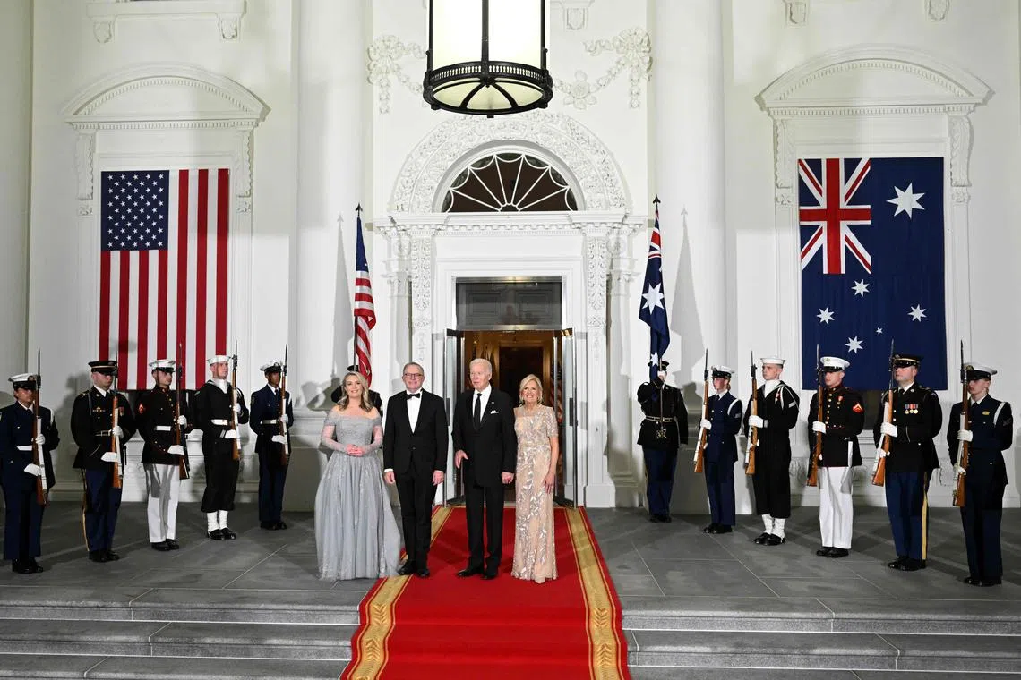 US President Joe Biden (second right) and First Lady Jill Biden (right) welcoming Australian PM Anthony Albanese (second left) and his partner Jodie Haydon at the White House on Oct 25.