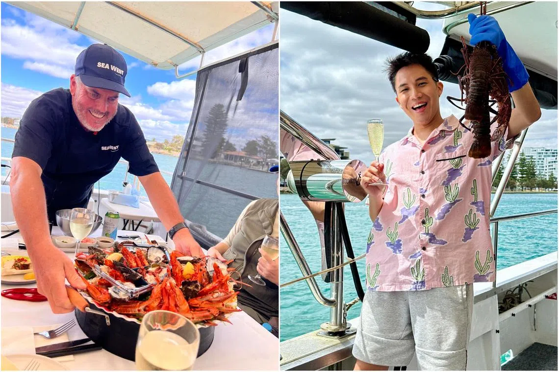 The Wild Seafood Experience by Mandurah Cruises is a three-and-a-half-hour tour that includes a seven-course seafood spread and catching your own wild lobsters for lunch, which the writer posing with.