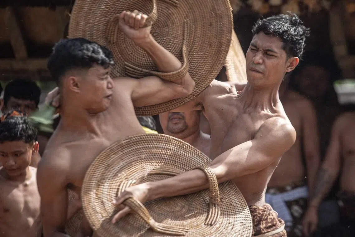 Villagers taking part in the annual Pandanus leaf fight ritual, locally known as "Mekare-kare," in Tenganan Pegringsingan, on Indonesia's resort island of Bali, on June 11, 2026. 
