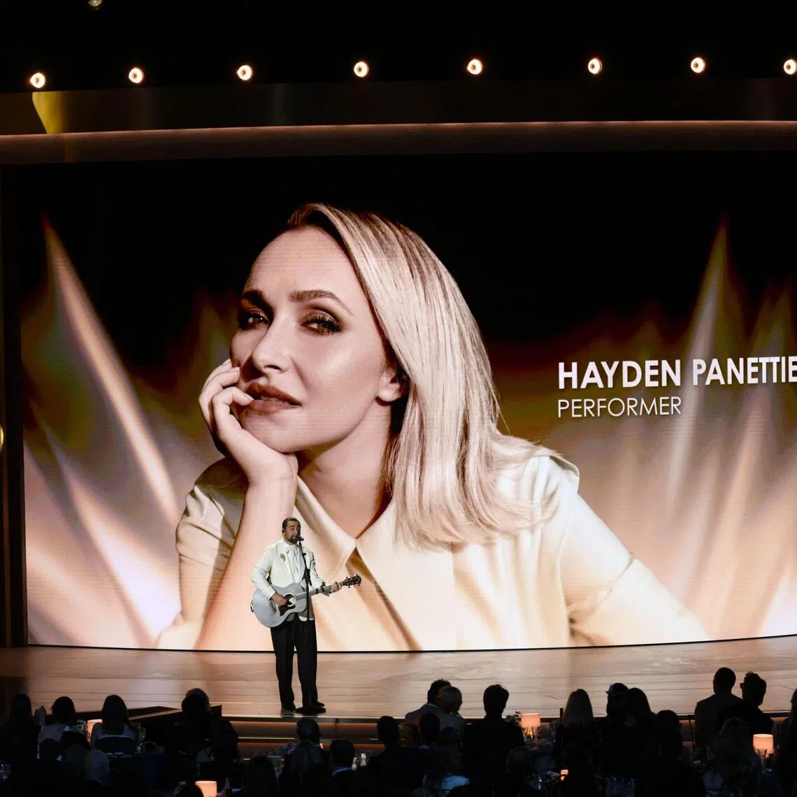 A picture of late US actress Hayden Panettiere is projected on screen as US singer/songwriter Noah Kahan performs during the 78th Primetime Emmy Awards at the Peacock Theatre at LA Live in Los Angeles on September 14, 2026. (Photo by Patrick T. Fallon / AFP) / RESTRICTED TO EDITORIAL USE
