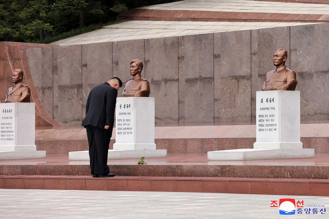 Mr Kim visiting the Mausoleum of the Revolutionary Martyrs of Daeongsan to mark the Korean War anniversary on July 27.