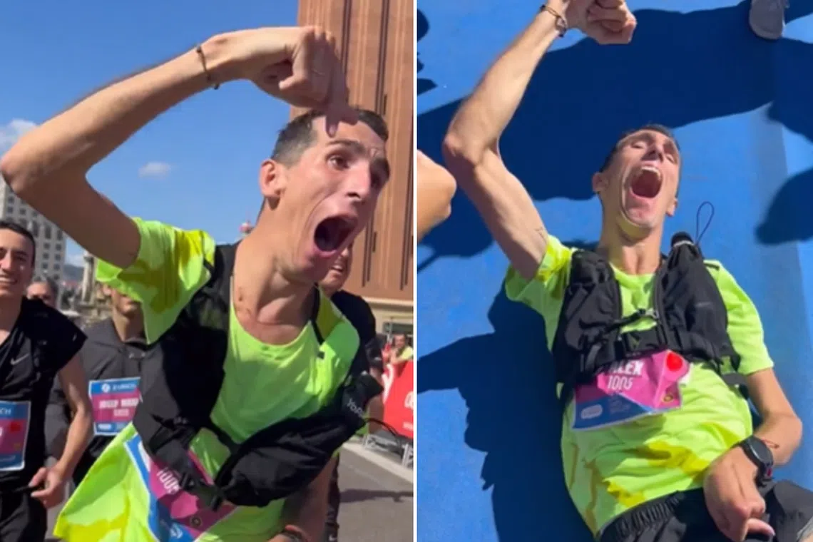 Alex Roca, 32, crossing the finish line at the 2023 Barcelona marathon.