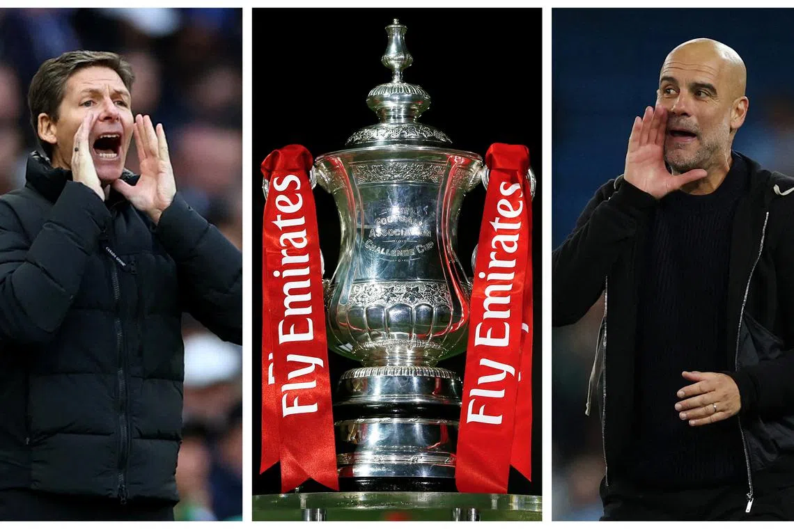 A combination picture shows Crystal Palace manager Oliver Glasner, the FA Cup trophy and Manchester City manager Pep Guardiola ahead of the FA Cup Final. May 14, 2025 REUTERS