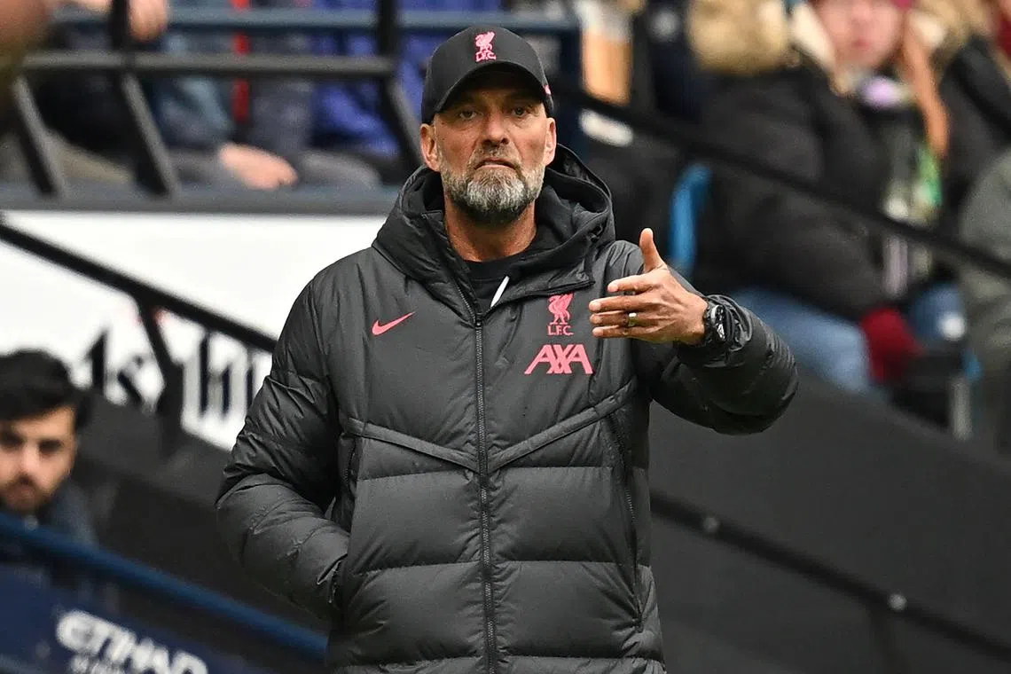 Liverpool's German manager Jurgen Klopp gesturing on the touchline during the English Premier League football match between Manchester City and Liverpool at the Etihad Stadium in Manchester on Sunday which the Champions won 4-1.