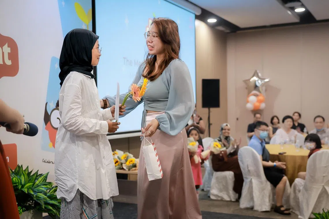 Bone marrow recipient Ria Nadira meeting her donor Ms Ms Nur Siti Zubaidah for the first time at Bone Marrow Donor Programme?s Mass Donor-Recipient Meet held at the Bidadari Community Club on World Marrow Donor Day, Sep 21, 2024.