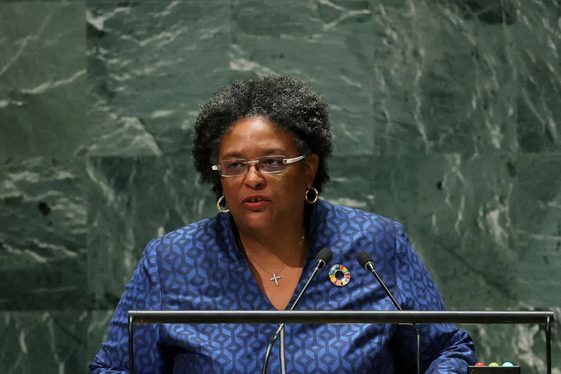 FILE PHOTO: Prime Minister of Barbados Mia Amor Mottley addresses the 78th Session of the U.N. General Assembly in New York City, U.S., September 22, 2023. REUTERS/Brendan McDermid/File Photo