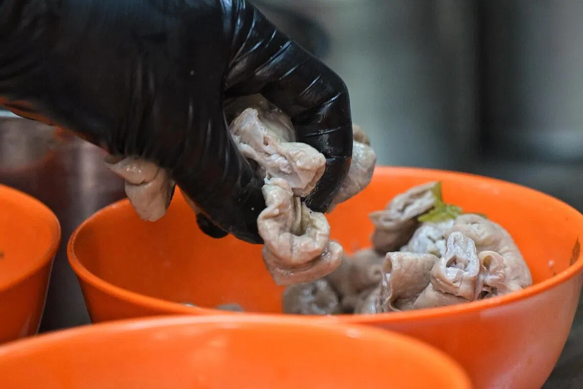 Pig intestines at Koh Brothers pig organ soup shop at Tiong Bahru Market