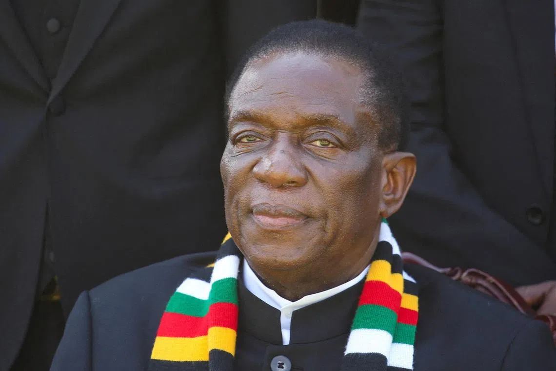 FILE PHOTO: Zimbabwe President Emmerson Mnangagwa attends the swearing in of former Zimbabwe National Army (ZNA) Commander Retired Lieutenant General Anselem Sanyatwe as the new Minister of Sports, Recreation, Arts and Culture, replacing International Olympic Commitee (IOC) President Elect Kirsty Coventry, at State House in Harare, Zimbabwe, March 27, 2025. REUTERS/Philimon Bulawayo/File Photo