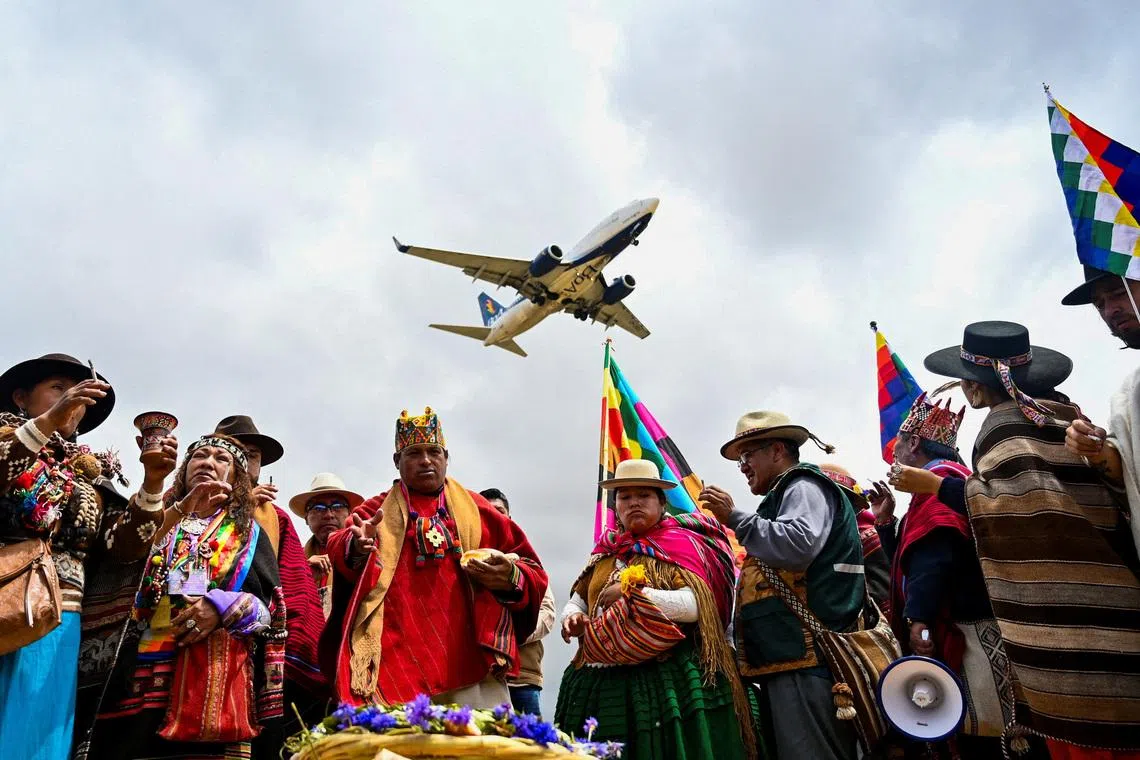 Andean spiritual leaders perform an ancestral ceremony in memory of the victims of the Bolivian military plane crash, in El Alto, Bolivia, March 9, 2026. REUTERS/Claudia Morales TPX IMAGES OF THE DAY