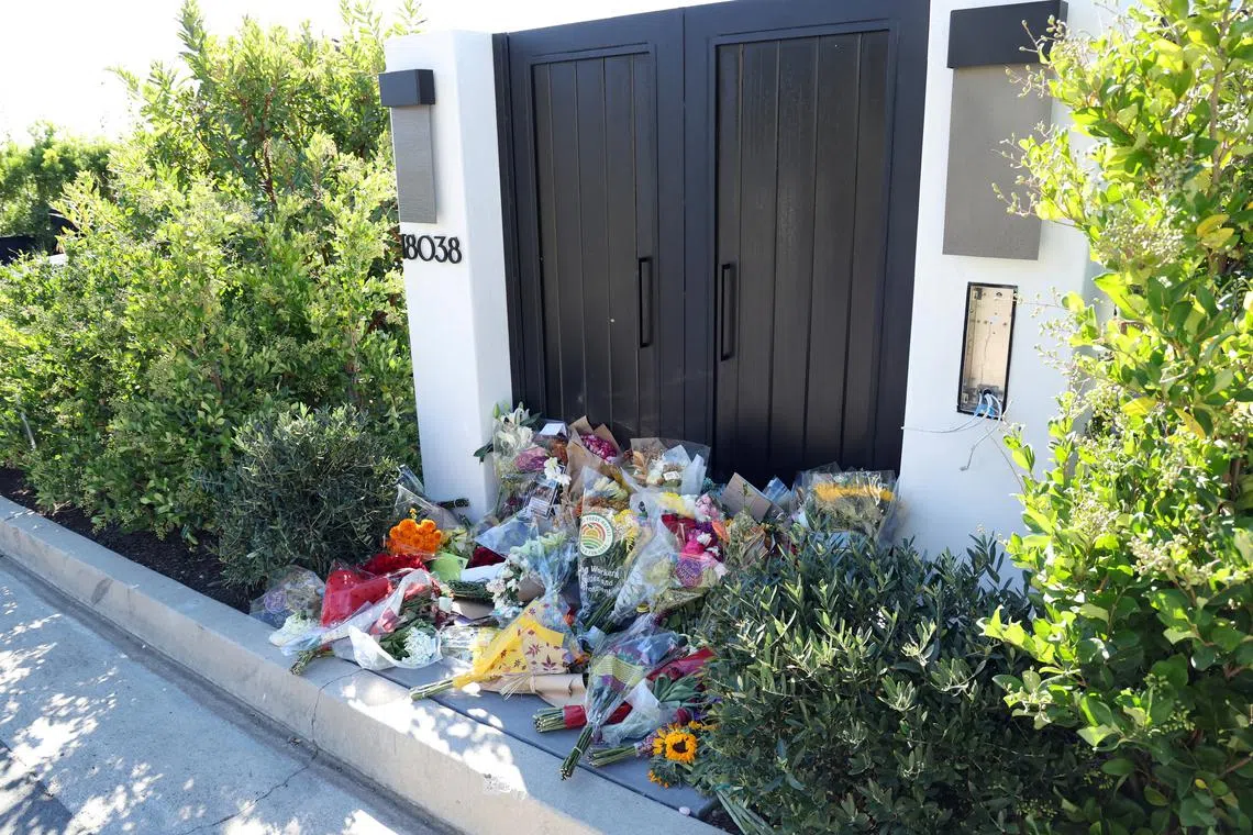 Flowers are pictured outside the home of late actor Matthew Perry in Pacific Palisades, California, on Oct 31..