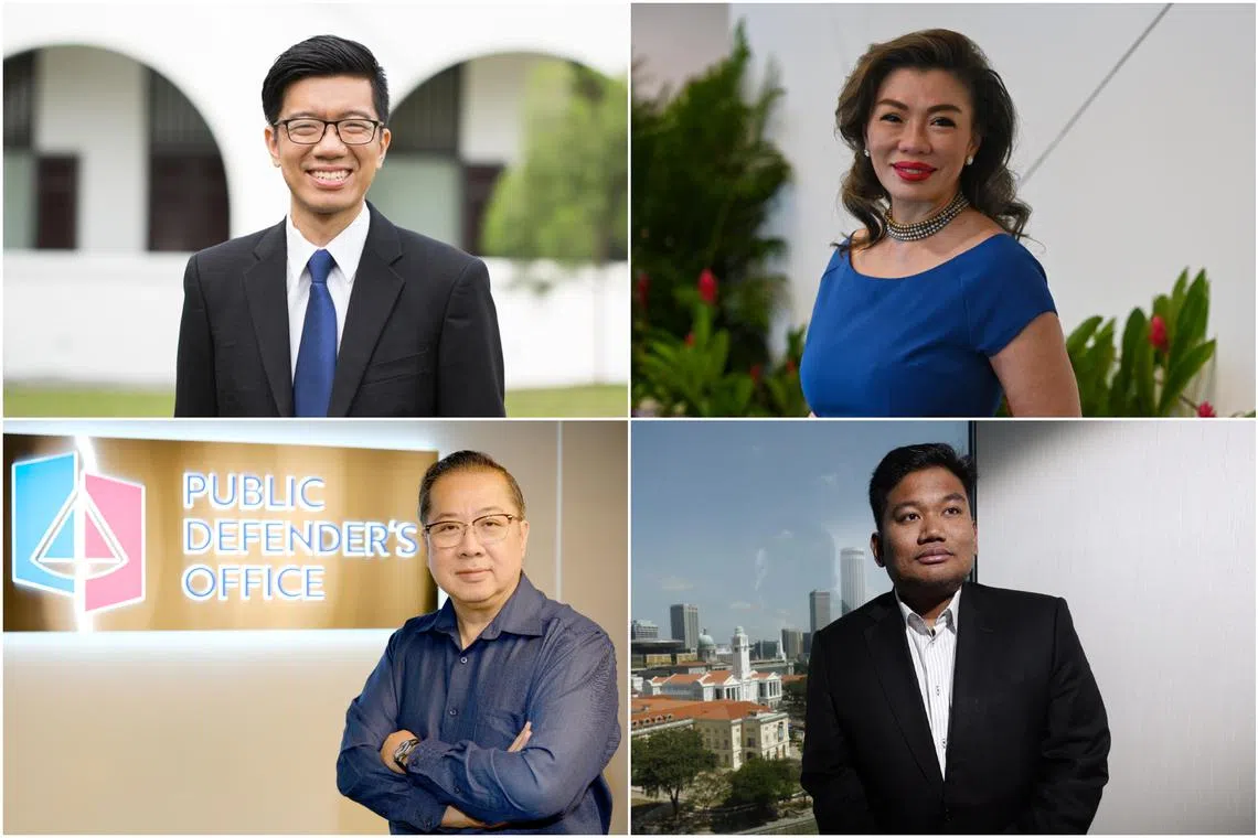 (Clockwise from top left) NUS law assistant professor Benny Tan, Joint managing partner at TSMP Law Corporation Stefanie Yuen Thio, Quahe Woo & Palmer director Sunil Sudheesan, and Chief Public Defender at the Public Defender’s Office Wong Kok Weng.