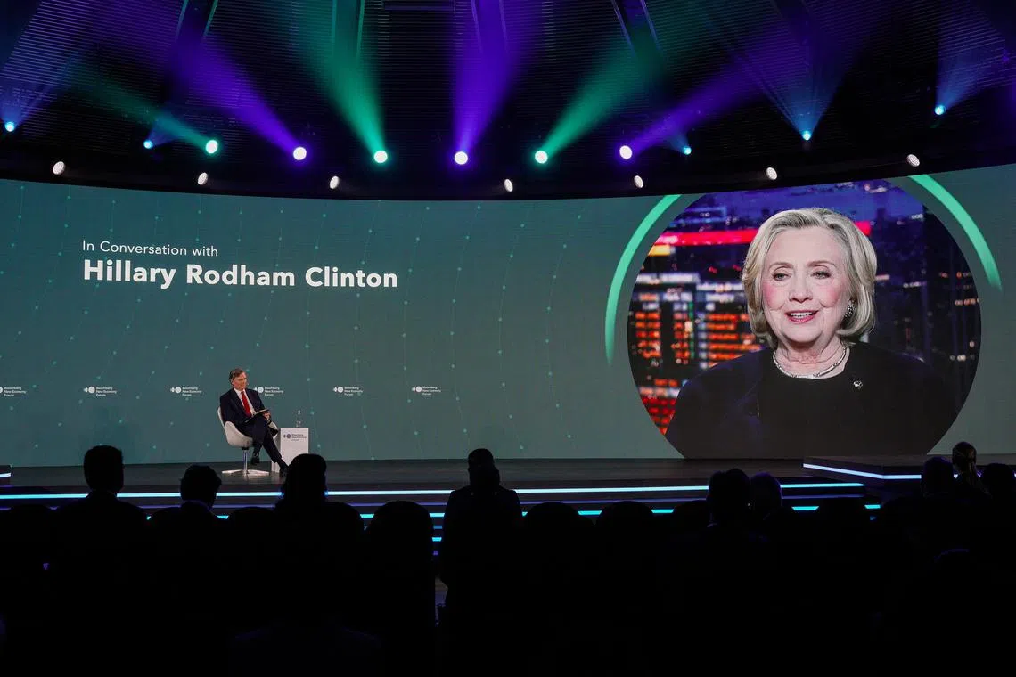 Former US Secretary of State Hillary Clinton speaking virtually at the Bloomberg New Economy Forum in Singapore on Nov 9, in dialogue with Bloomberg Editor-in-Chief John Micklethwait.