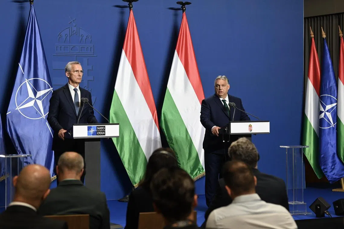 Nato Secretary General Jens Stoltenberg (left) and Hungarian Prime Minister Viktor Orban hold a press conference following their meeting, on June 12.