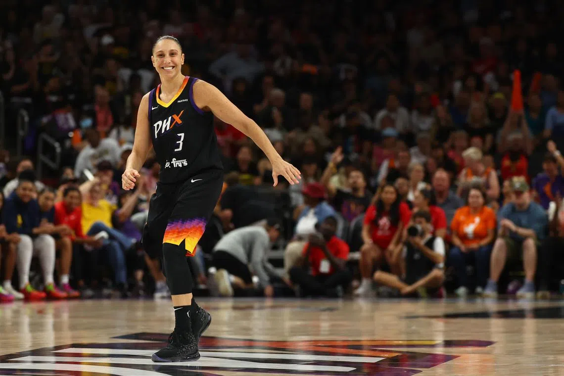 FILE PHOTO: Jun 30, 2024; Phoenix, Arizona, USA; Phoenix Mercury guard Diana Taurasi (3) reacts against the Indiana Fever at Footprint Center. Mandatory Credit: Mark J. Rebilas-USA TODAY Sports/File Photo