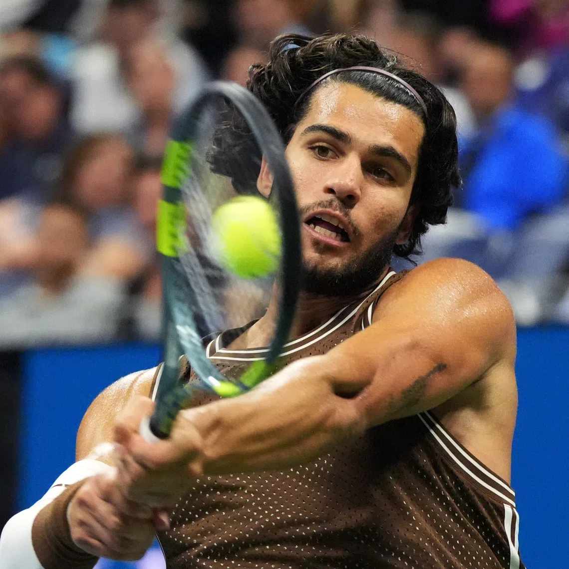 Tennis - U.S. Open - Flushing Meadows, New York, United States - September 2, 2026 Spain's Carlos Alcaraz in action during his second round match against Portugal's Jaime Faria IMAGN IMAGES via Reuters/Robert Deutsch