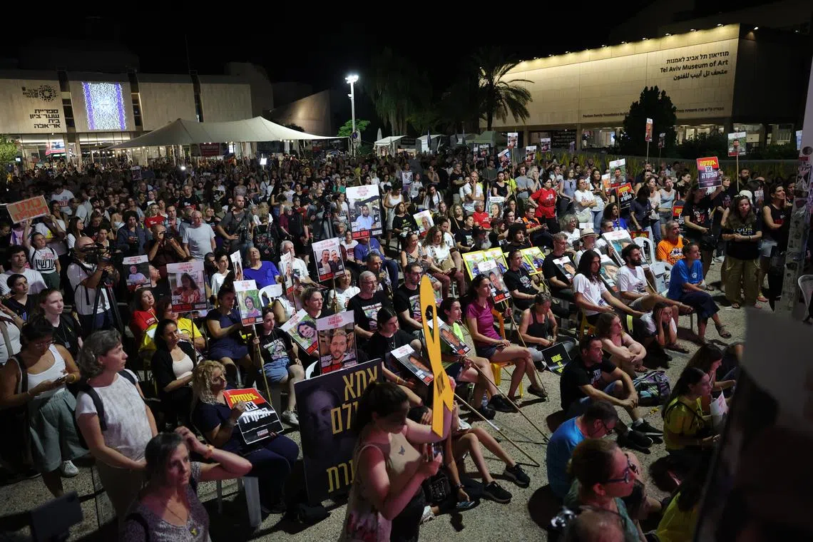 Families of hostages held by Hamas in Gaza watch the live broadcast of Israeli Prime Minister Benjamin Netanyahu's speech in the US Congress on July 24.