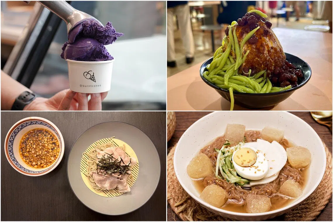 (Clockwise from top left): Ube (purple yam) ice cream at gelato shop Burnt Cones, Red bean chendol at Nyonya Chendol’s, Icy mul naengmyeon from Jin Kimchi Express and Reiwa pork soba, which is served cold.