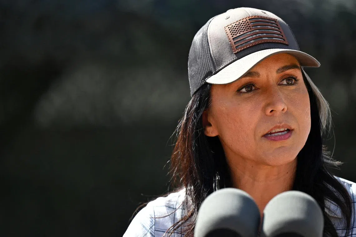 FILE PHOTO: U.S. Director of National Intelligence Tulsi Gabbard speaks during a visit to the U.S.-Mexico border in Eagle Pass, Texas, U.S March 5, 2025. Brandon Bell/Pool via REUTERS/File Photo