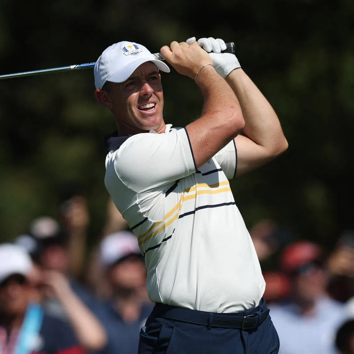 Golf - The 2025 Ryder Cup - Bethpage Black Golf Course, Farmingdale, New York, United States - September 28, 2025 Team Europe's Rory McIlroy hits his tee shot on the 3rd hole during the singles REUTERS/Paul Childs