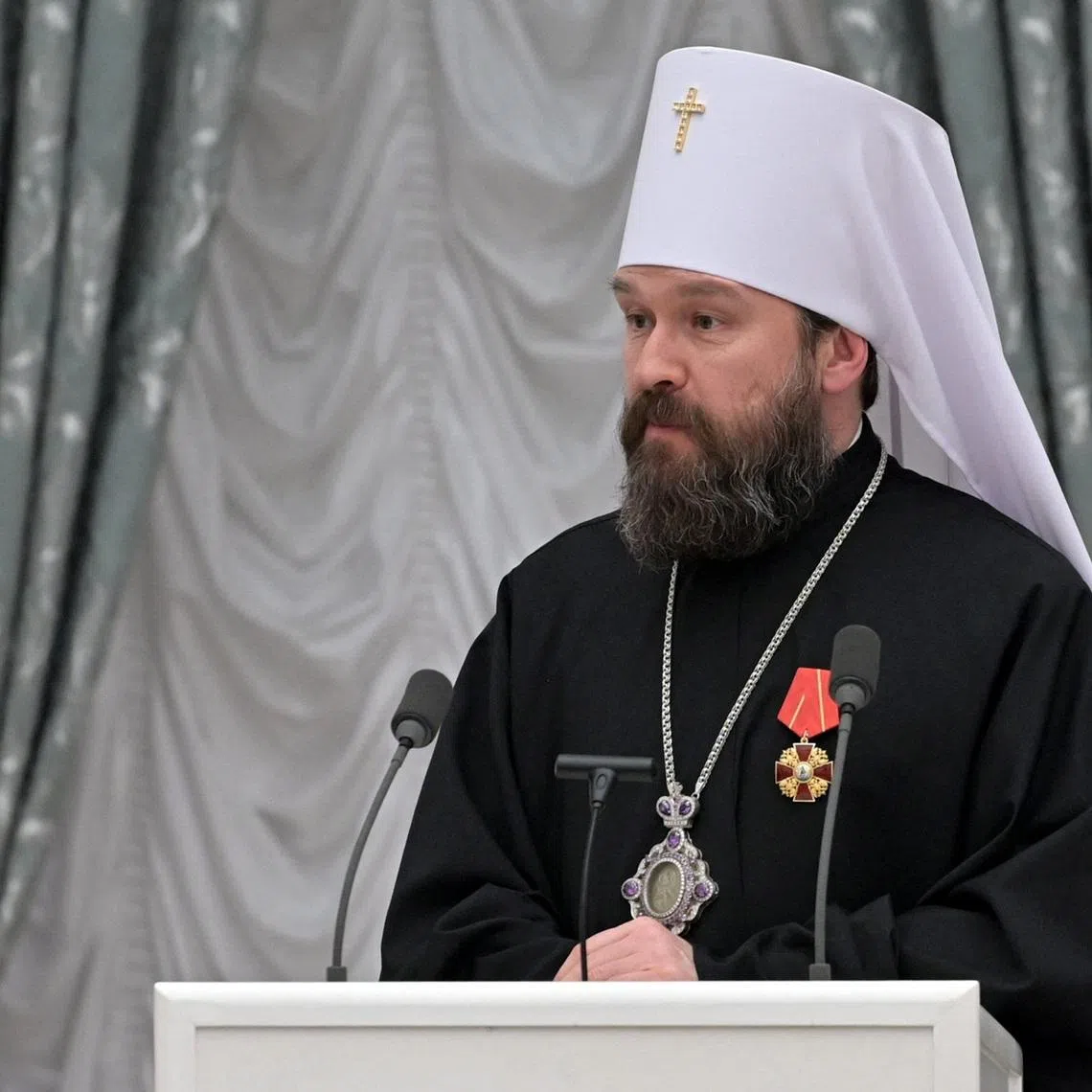 FILE PHOTO: Chairman of the Moscow Patriarchate's external relations department Metropolitan Hilarion, whose secular name is Grigory Alfeyev, takes part in an awarding ceremony led by Russia's President Vladimir Putin at the Kremlin in Moscow, Russia, February 2, 2022. Sputnik/Alexei Nikolsky/Pool via REUTERS