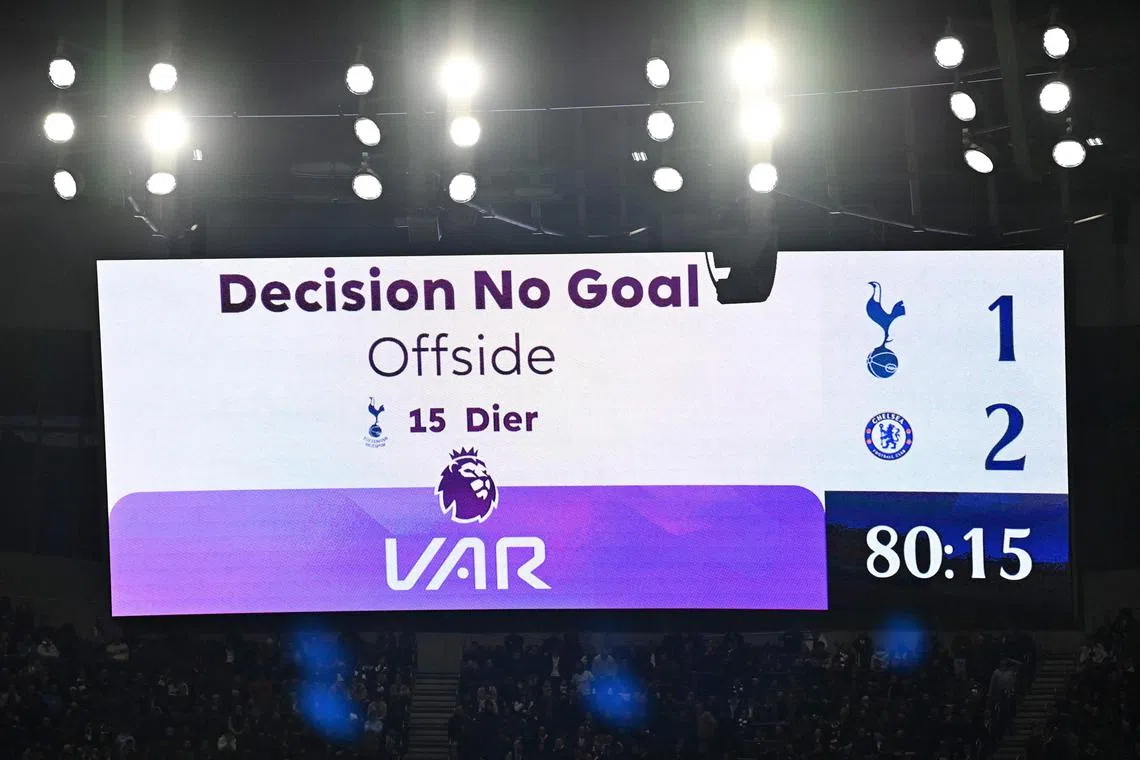 A screen displays the 'No Goal' decision following a VAR review during the English Premier League match between Tottenham Hotspur and Chelsea.
