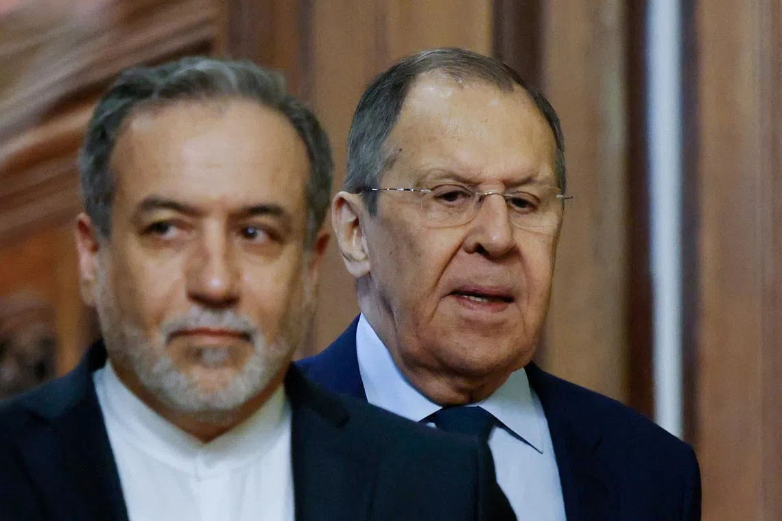 Russia's Foreign Minister Sergei Lavrov and Iran's Foreign Minister Abbas Araqchi attend a press conference following their talks in Moscow, Russia, April 18, 2025. Tatyana Makeyeva/Pool via REUTERS