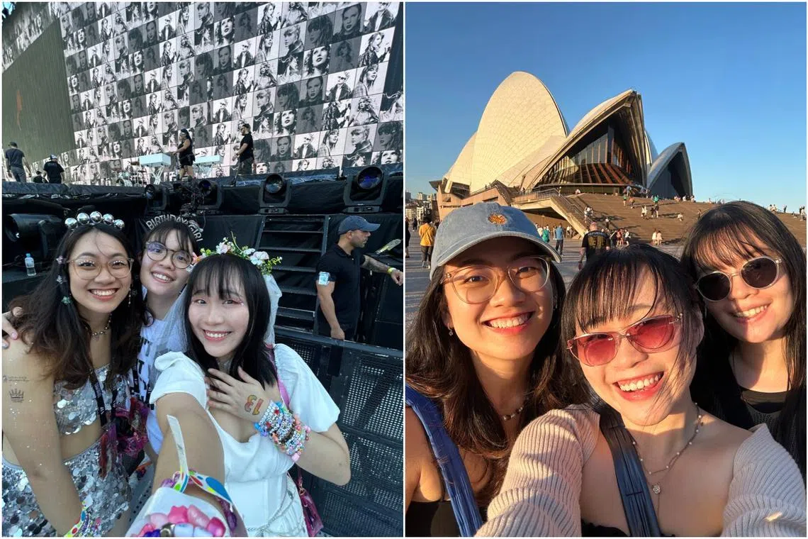 Ms Melissa Lee (right, in white) estimates she spent over $7,000 to watch Taylor Swift's Eras Tour in Sydney, Singapore and Paris.