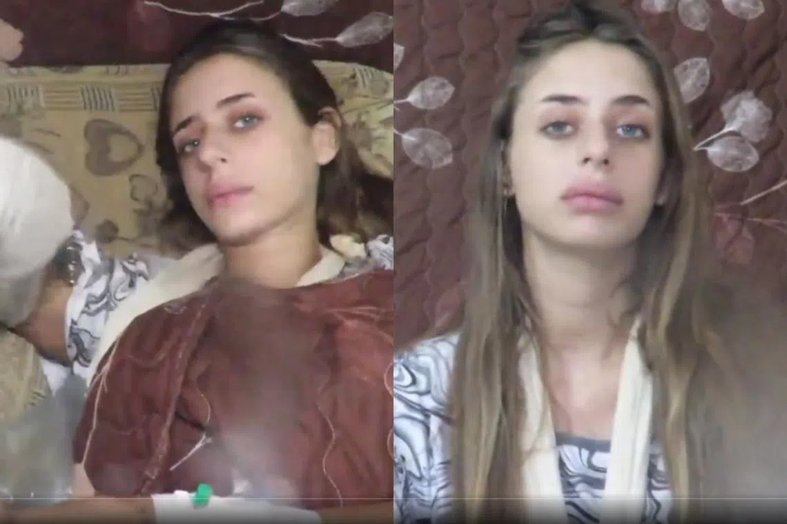 Screenshots of a woman from an online video who says she was taken to Gaza from Sderot in Israel.