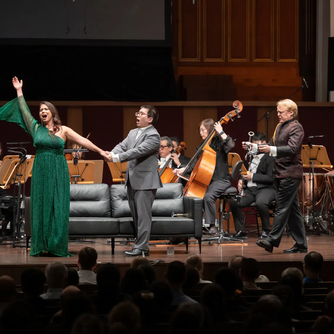 (From left) Flavia Stricker, Jonathan Mark Macpherson and Damian Whiteley in Singapore Symphony Orchestra's Die Fledermaus in a Pocket.