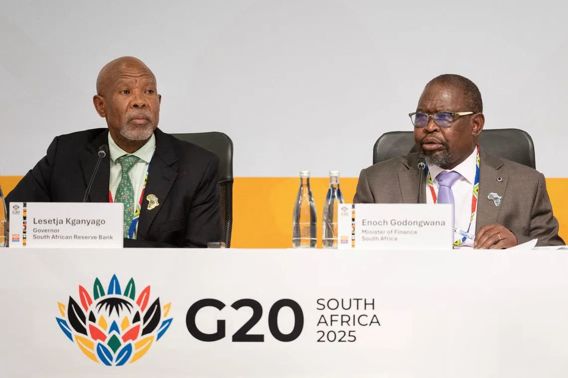 South African Finance Minister Enoch Godongwana (right) and Governor of the South African Reserve Bank Lesetja Kganyago addressing the closing press conference of the G-20 meeting, on Feb 27.