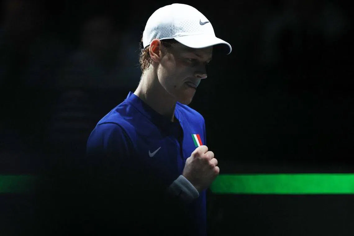 FILE PHOTO: Tennis - Davis Cup - Final - Australia v Italy - Palacio de deportes Martin Carpena, Malaga, Spain - November 26, 2023 Italy's Jannik Sinner reacts during his singles match against Australia's Alex de Minaur REUTERS/Violeta Santos Moura/File Photo