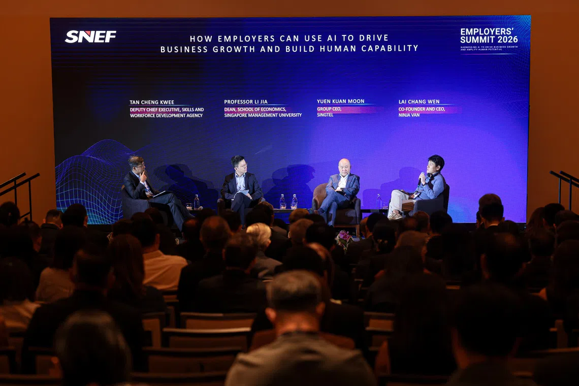 (From left) Skills and Workforce Development Agency deputy chief executive Tan Cheng Kwee; Dr Li Jia, Dean of School of Economics at SMU; Singtel group CEO Yuen Kuan Moon; and SNEF council member and Ninja Van CEO Lai Chang Wen at the SNEF Employers’ Summit 2026.