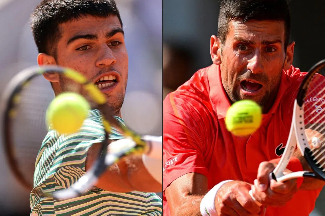 Carlos Alcaraz (left) ) will meet Novak Djokovic in a semi-final showdown at the French Open on Friday. They have only met once previously, with Alcaraz winning the best-of-three match.