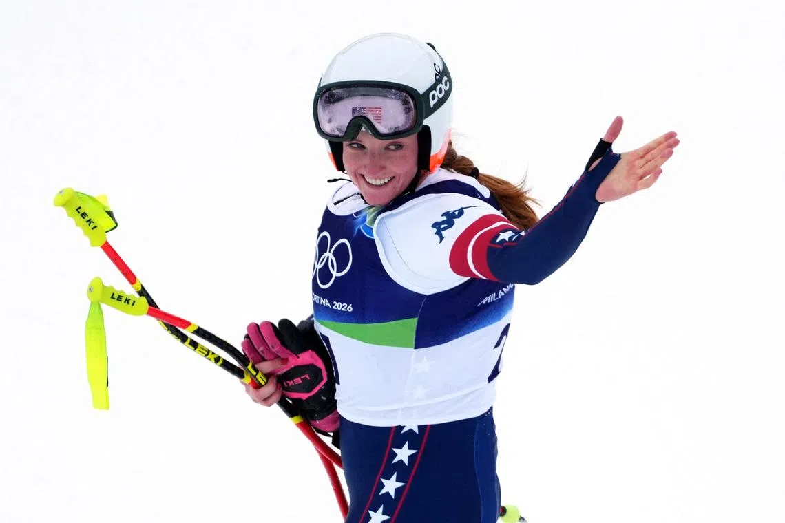 Milano Cortina 2026 Olympics - Alpine Skiing - Women's Super-G - Tofane Alpine Skiing Centre, Belluno, Italy - February 12, 2026.  Breezy Johnson of United States reacts after her run during Women's Super-G REUTERS/Aleksandra Szmigiel
