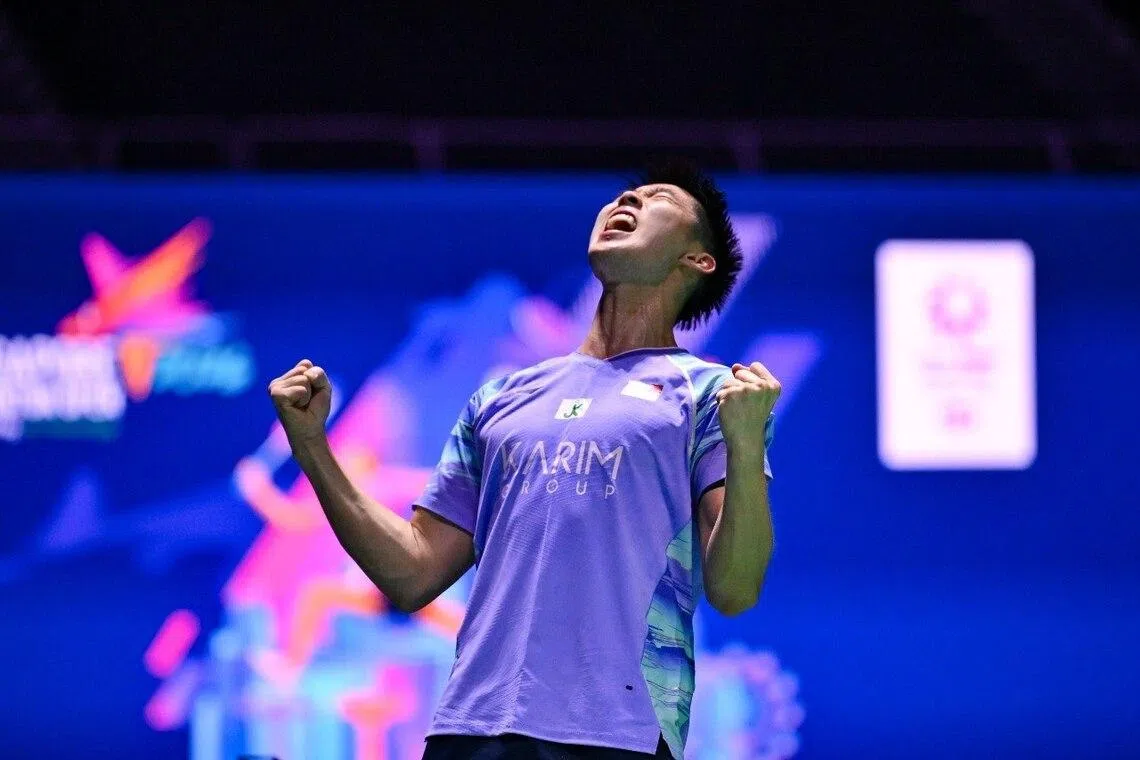 Singapore's Loh Kean Yew roaring in delight after reaching the Singapore Badminton Open final with a win over Japan's Koki Watanabe on May 30.