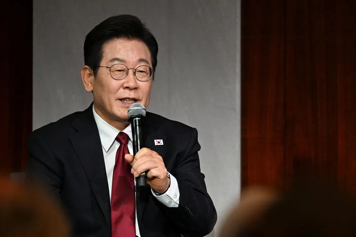 FILE PHOTO: South Korean President Lee Jae Myung speaks during an interview at the Center for Strategic and International Studies (CSIS) in Washington, D.C., U.S., August 25, 2025. REUTERS/Annabelle Gordon/File Photo