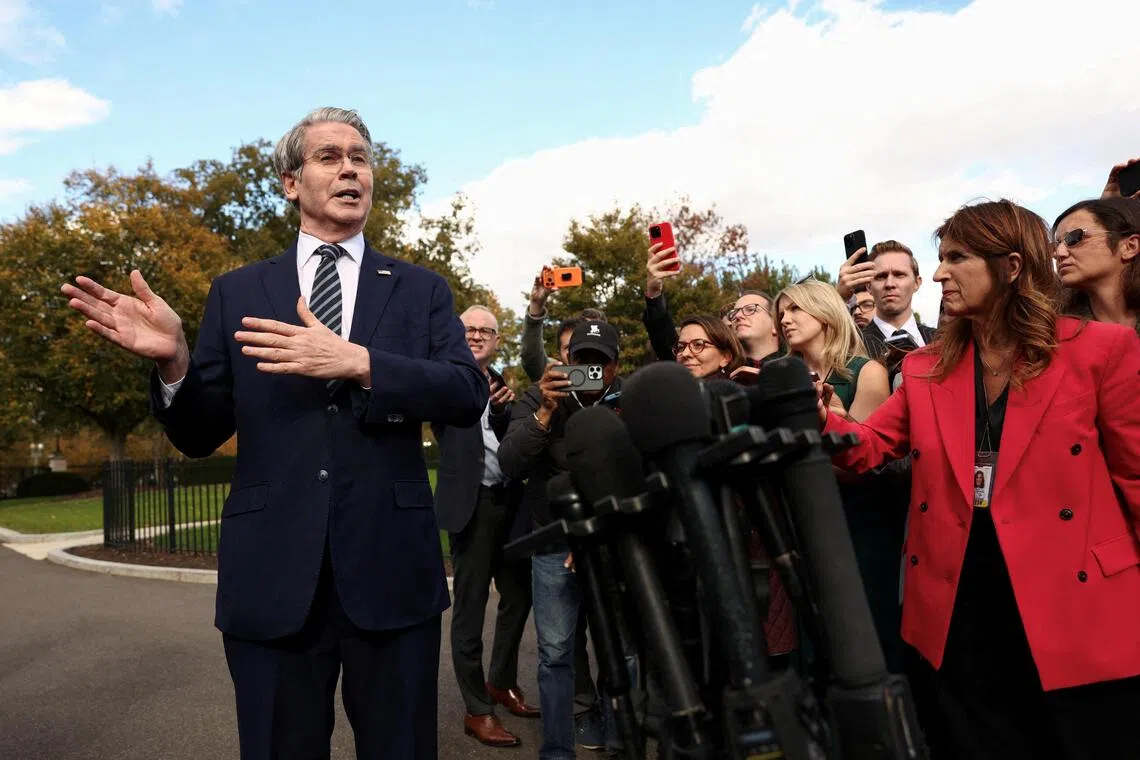 US Treasury Secretary Scott Bessent speaks to reporters at the White House in Washington, D.C., October 22, 2025.  REUTERS/Kevin Lamarque/File Photo