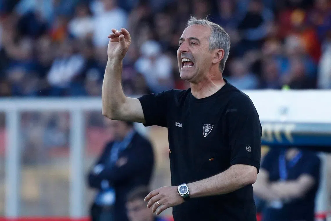 FILE PHOTO: Soccer Football - Serie A - Lecce v Napoli - Stadio Via del mare, Lecce, Italy - May 3, 2025 Lecce coach Marco Giampaolo reacts. REUTERS/Alessandro Garofalo/File Photo